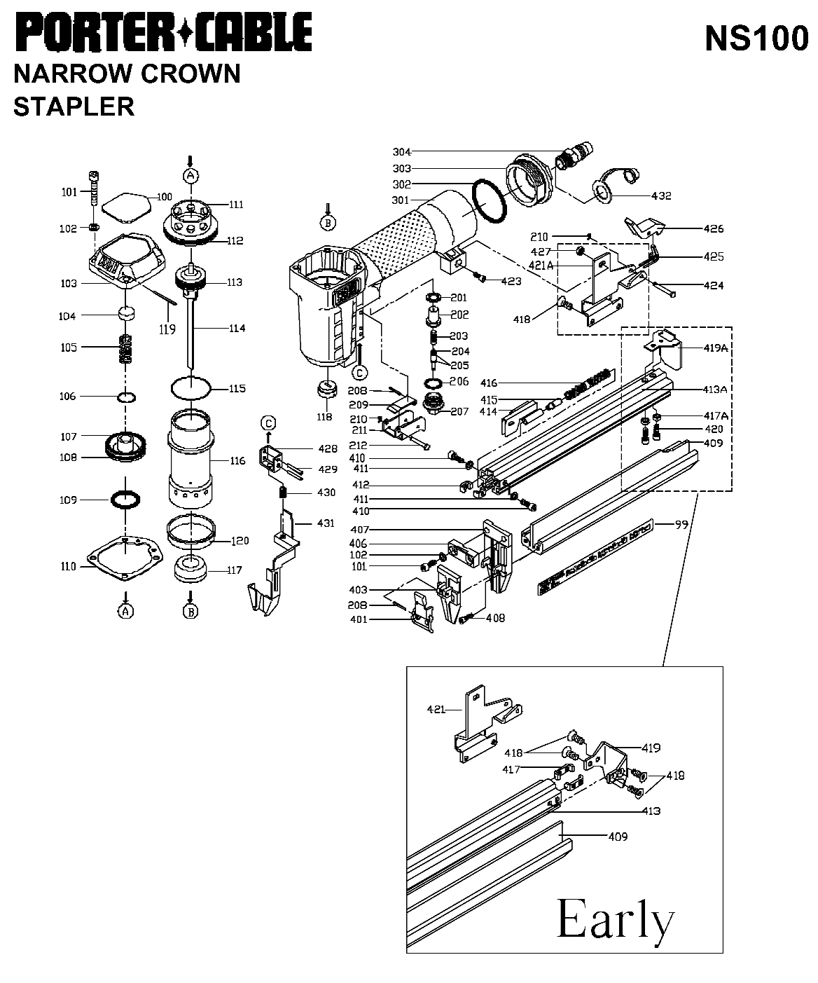 Default Diagram and Parts List for J-NS100 Type 1 Porter Cable Nailer